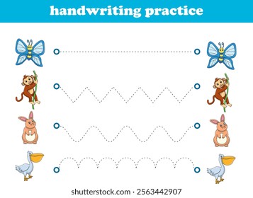 Handwriting Practice. Tracing lines for kids with animals. Vector Illustration