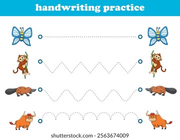 Handwriting Practice. Tracing lines for kids with animals. Vector Illustration