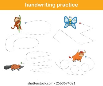 Handwriting Practice. Tracing lines for kids with animals. Vector Illustration