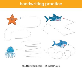 Handwriting Practice. Tracing lines for kids with animals. Vector Illustration