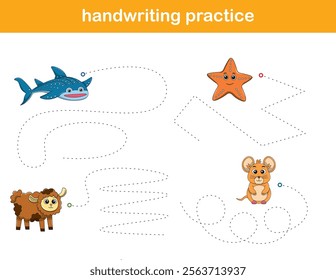 Handwriting Practice. Tracing lines for kids with animals. Vector Illustration