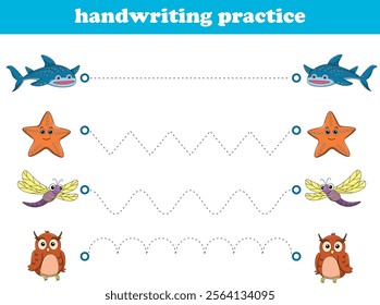 Handwriting Practice. Tracing lines for kids with animals. Vector Illustration