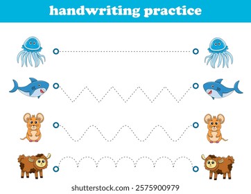 Handwriting Practice. Tracing lines for kids with animals. Vector Illustration