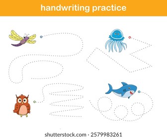 Handwriting Practice. Tracing lines for kids with animals. Vector Illustration