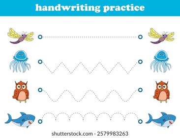 Handwriting Practice. Tracing lines for kids with animals. Vector Illustration