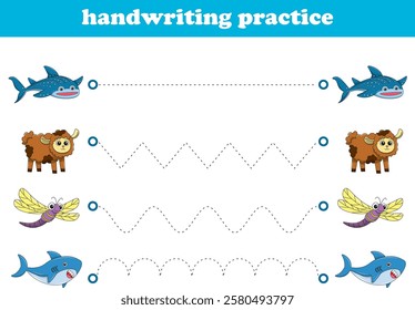 Handwriting Practice. Tracing lines for kids with animals. Vector Illustration