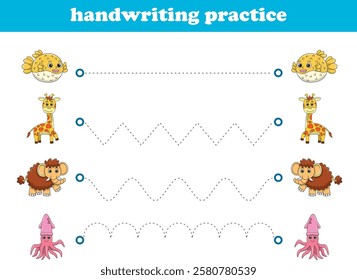 Handwriting Practice. Tracing lines for kids with animals. Vector Illustration