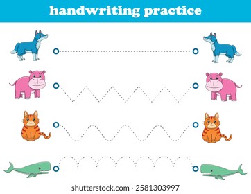 Handwriting Practice. Tracing lines for kids with animals. Vector Illustration