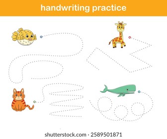 Handwriting Practice. Tracing lines for kids with animals. Vector Illustration