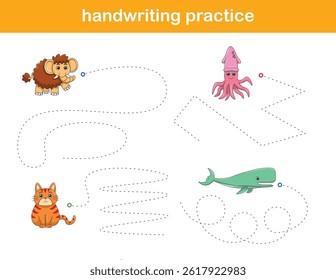Práctica de escritura. Líneas de trazado para niños con animales. Ilustración vectorial