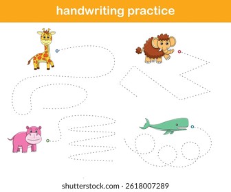 Práctica de escritura. Líneas de trazado para niños con animales. Ilustración vectorial
