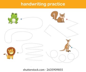 Handwriting Practice. Tracing lines for kids with animals. Vector Illustration