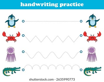 Handwriting Practice. Tracing lines for kids with animals. Vector Illustration