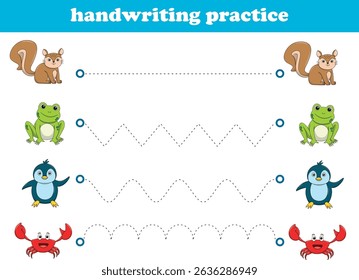 Prática de Manuscrito. Linhas de rastreamento para crianças com animais. Ilustração de vetor