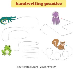 Handwriting Practice. Tracing lines for kids with animals. Vector Illustration