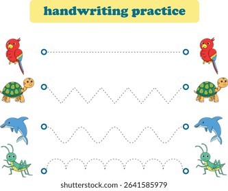 Handwriting Practice. Tracing lines for kids with animals. Vector Illustration