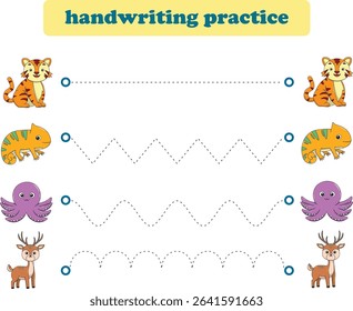 Handwriting Practice. Tracing lines for kids with animals. Vector Illustration