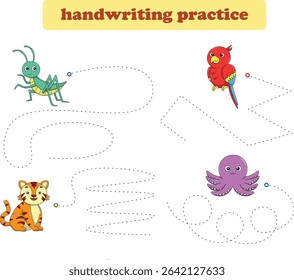 Handwriting Practice. Tracing lines for kids with animals. Vector Illustration