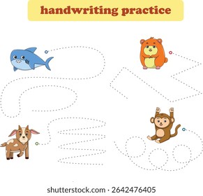 Handwriting Practice. Tracing lines for kids with animals. Vector Illustration