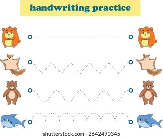 Handwriting Practice. Tracing lines for kids with animals. Vector Illustration