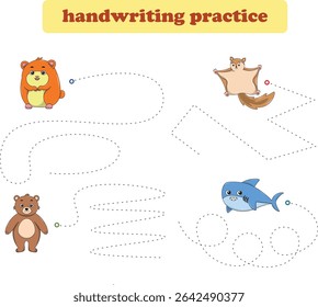 Handwriting Practice. Tracing lines for kids with animals. Vector Illustration