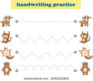 Prática de Manuscrito. Linhas de rastreamento para crianças com animais. Ilustração de vetor