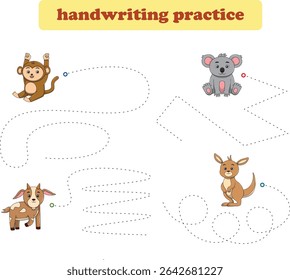 Handwriting Practice. Tracing lines for kids with animals. Vector Illustration