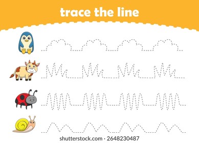 Handwriting Practice. Tracing lines for kids with animals. Vector Illustration