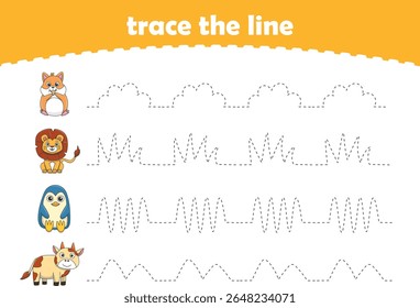 Práctica de escritura. Líneas de trazado para niños con animales. Ilustración vectorial
