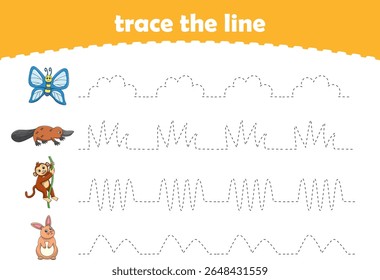 Handwriting Practice. Tracing lines for kids with animals. Vector Illustration