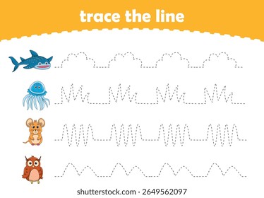 Práctica de escritura. Líneas de trazado para niños con animales. Ilustración vectorial