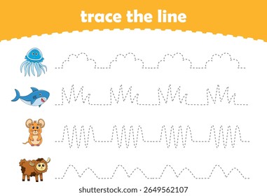 Handwriting Practice. Tracing lines for kids with animals. Vector Illustration