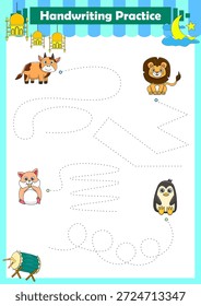 Handwriting Practice. Tracing lines for kids with animals. Vector Illustration