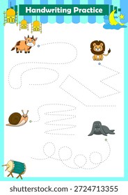 Práctica de escritura. Líneas de trazado para niños con animales. Ilustración vectorial