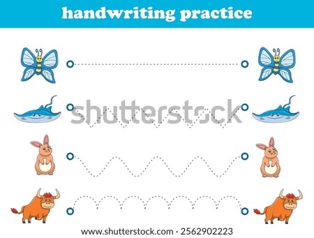 Handwriting Practice. Tracing lines for kids with animals. Vector Illustration