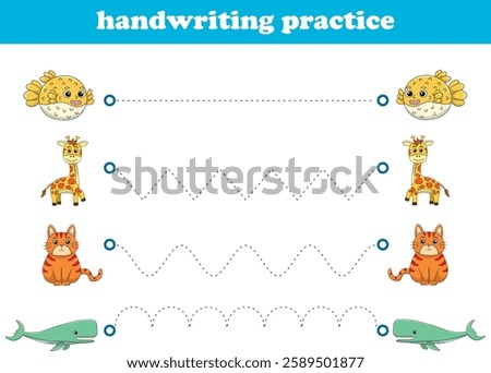Handwriting Practice. Tracing lines for kids with animals. Vector Illustration