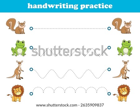Handwriting Practice. Tracing lines for kids with animals. Vector Illustration