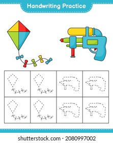Práctica de escritura a mano. Trazando líneas de cometa y pistola de agua. Juego infantil educativo, hoja de cálculo imprimible, ilustración vectorial