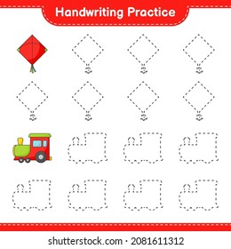 Handwriting practice. Tracing lines of Kite and Train. Educational children game, printable worksheet, vector illustration