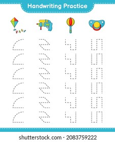 Handwriting practice. Tracing lines of Kite, Water Gun, Baby Rattle, and Pacifier. Educational children game