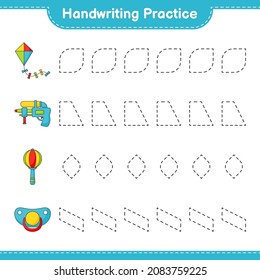 Práctica de escritura a mano. Líneas de rastreo de cometas, armas de agua, ganado y pacificador. Juego infantil educativo