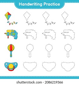 Práctica de escritura a mano. Líneas de rastreo de cometas, armas de agua, ganado y pacificador. Juego infantil educativo