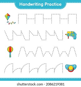 Práctica de escritura a mano. Líneas de rastreo de cometas, armas de agua, ganado y pacificador. Juego infantil educativo