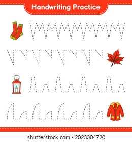 Handwriting practice. Tracing lines of Lantern, Socks, Warm Clothes, and Maple Leaf. Educational children game, printable worksheet, vector illustration