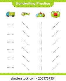 Handschriftübungen. Rennstrecken von Lkw, Flugzeug, U-Boot und Pacifier. Kinderspiel für Bildung