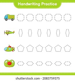 Handwriting practice. Tracing lines of Lorry, Plane, Submarine, and Pacifier. Educational children game