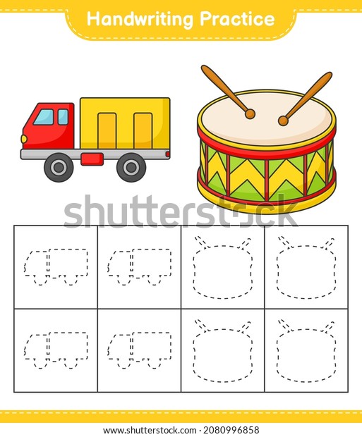 Handwriting practice. Tracing lines of Lorry\
and Drum. Educational children game, printable worksheet, vector\
illustration