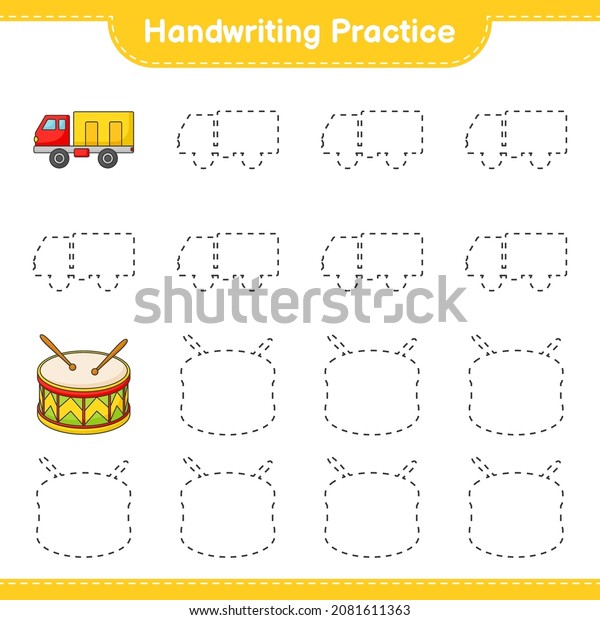 Handwriting practice. Tracing lines of Lorry\
and Drum. Educational children game, printable worksheet, vector\
illustration