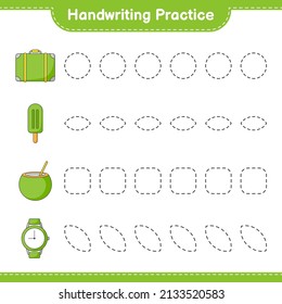 Handschriftübungen. Trainingslinien für Gepäck, Eis, Kokosnuss und Uhren. Kinderspiel, druckbares Arbeitsblatt, Vektorgrafik