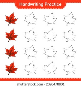 Handwriting practice. Tracing lines of Maple Leaf. Educational children game, printable worksheet, vector illustration
